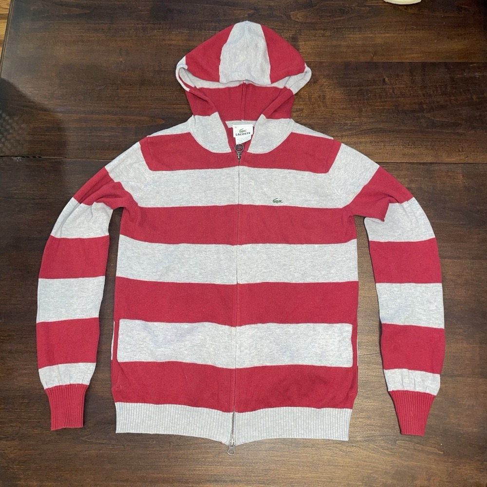 Lacoste Hoodie Mens 38 Medium Red Grey Striped Cotton Cashmere Full Zip Sweater